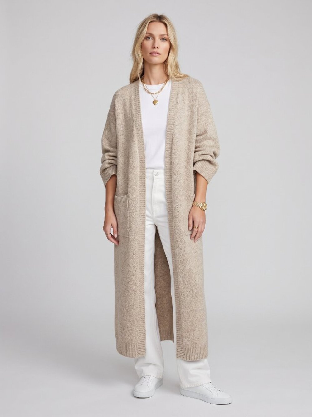 Women's Beige Long Knit Cardigan V Neck Relaxed Fit Casual Chic Sweater Coat - Picture 2 of 3